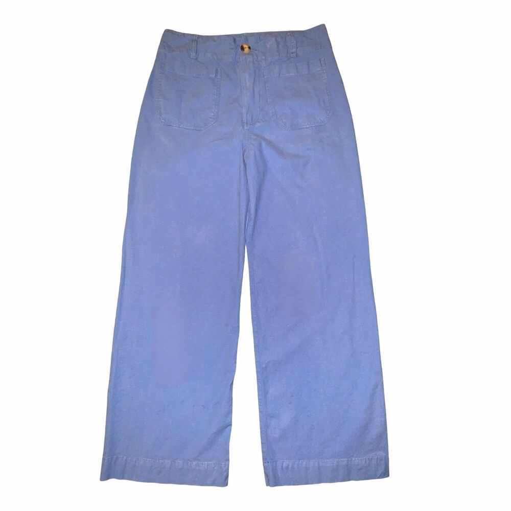 Anthropologie Maeve Colette Linen Sz 29P Full Length Blue Wide Leg Pants Preppy